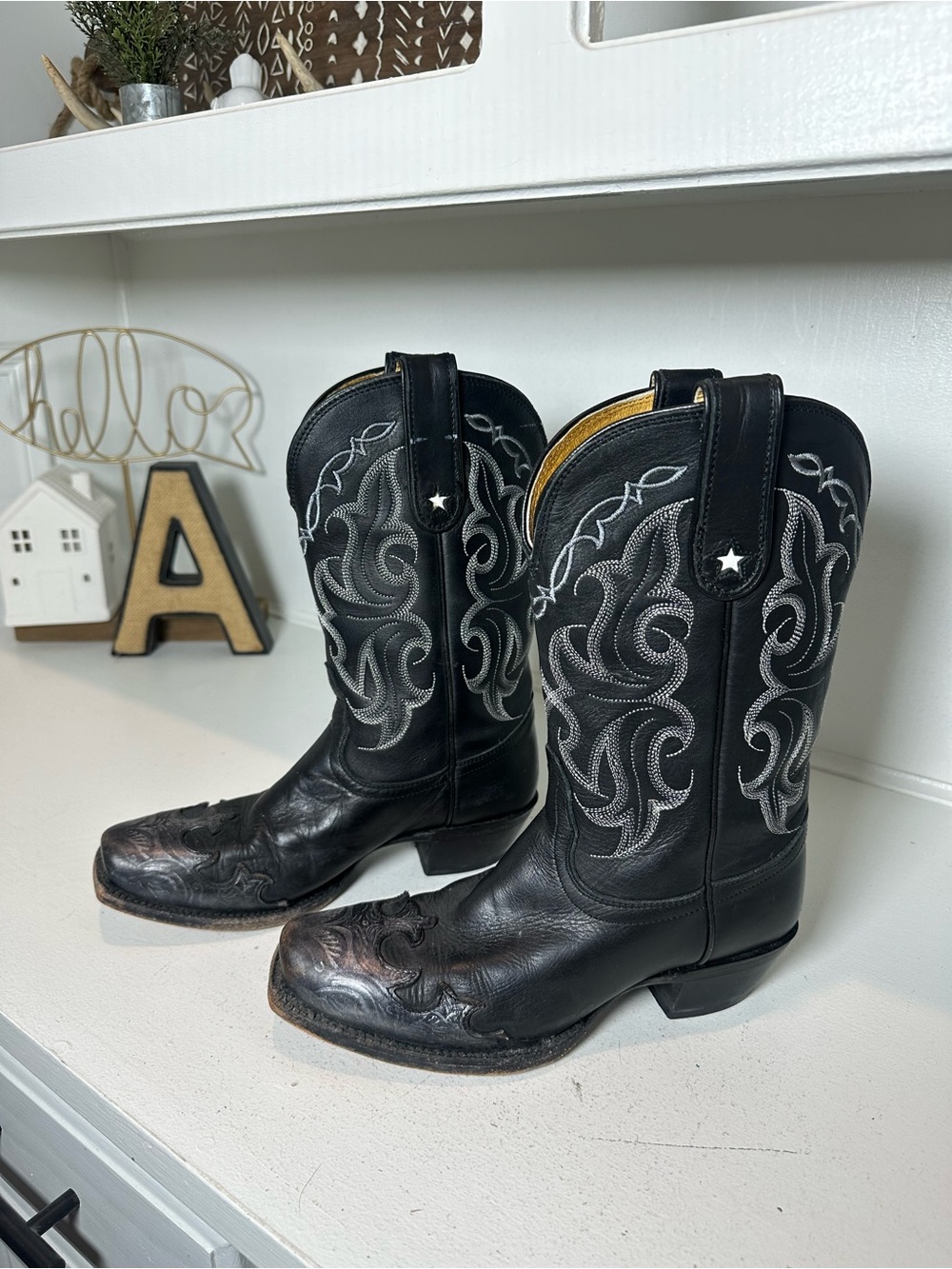 Vintage Tony Lama Cowboy Boots Womens 7B Black Leather Silver Embroidered USA